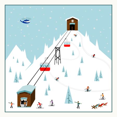 Cool pastel Cartoon ski poster. The mountain resort with ski lifts, slopes, skiers.のイラスト素材