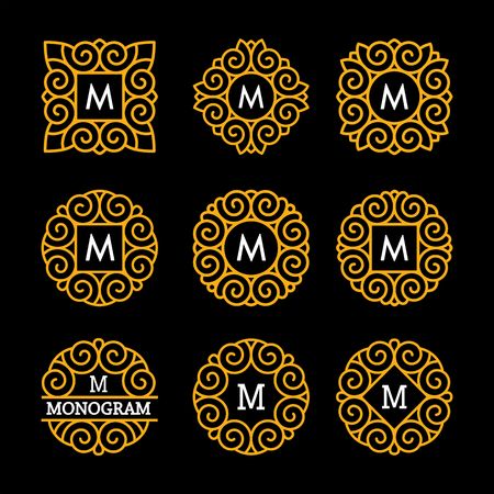 Wonderful set, style art nouveau. Elegant Line Art Logo, Emdlem and Monogram Design, vector templateのイラスト素材