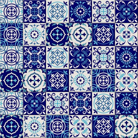 Gorgeous seamless pattern from dark blue and white Moroccan, Portuguese tiles, Azulejo, ornaments. Can be used for wallpaper, pattern fills, web page background and surface texturesのイラスト素材