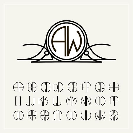 Monogram, an art nouveau label with two letters inscribed in the circle. A set of alphabet to fit in a circle. Can be used for logos, wedding designs.のイラスト素材
