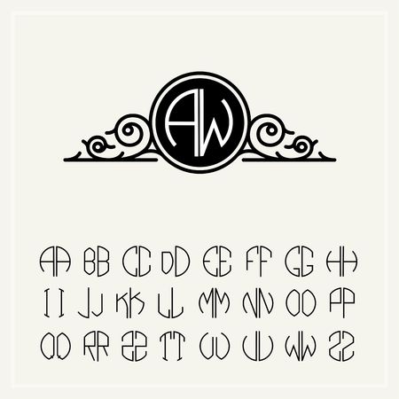 Monogram, an baroque label with two letters inscribed in the circle. A set of alphabet to fit in a circle. Can be used for logos, wedding designs.のイラスト素材