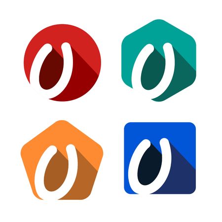 Creative handwritten white letter U inscribed in a circle, square, pentagon, hexagon with falling shadows. For your monogram, logo, emblem. Flat design. Four color palettesのイラスト素材