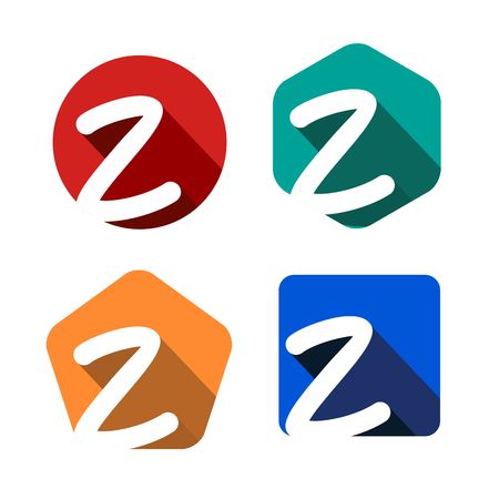 Creative handwritten white letter Z inscribed in a circle, square, pentagon, hexagon with falling shadows. For your monogram, logo, emblem. Flat design. Four color palettesのイラスト素材