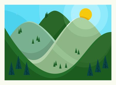Vector illustration Flat Summer Mountains landscape with green hills and pinesのイラスト素材