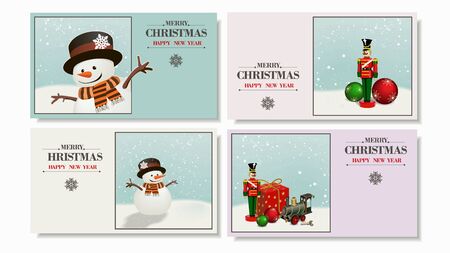 Beautiful set. Christmas and a Happy New Year greeting cards with a snowman and Wooden soldier ,nutcracker, iron train, gift box and Christmas ballsのイラスト素材