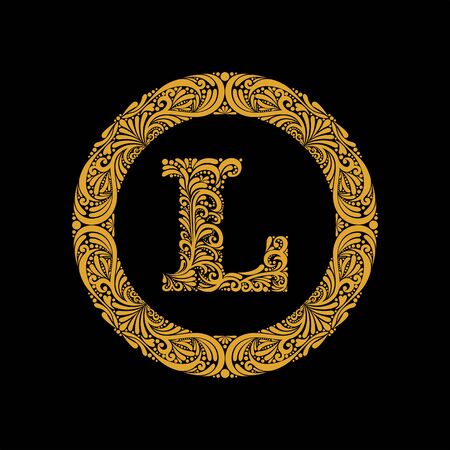 Premium, elegant capital letter L in a round frame is made of floral ornament. Baroque style.Monogram, emblem trendy design.のイラスト素材
