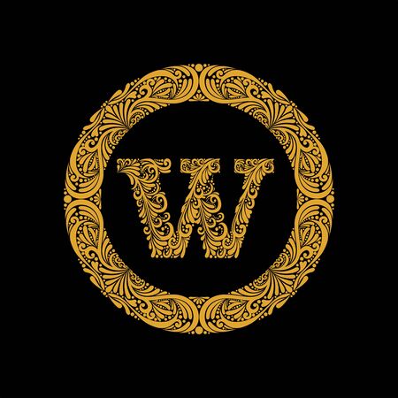 Premium, elegant capital letter W in a round frame is made of floral ornament. Baroque style.Monogram, emblem trendy design.のイラスト素材