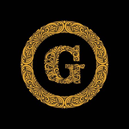 Premium, elegant capital letter G in a round frame is made of floral ornament. Baroque style.Monogram, emblem trendy design.のイラスト素材