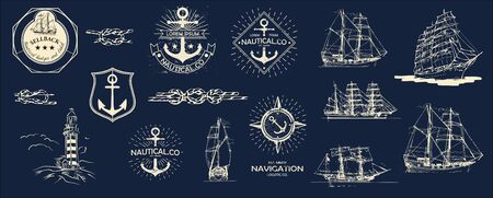 Mega Vector set. Nautical useful design elements. Inspirational themplate of Nautical Style, Emblem Designs. Vintage sea label.のイラスト素材