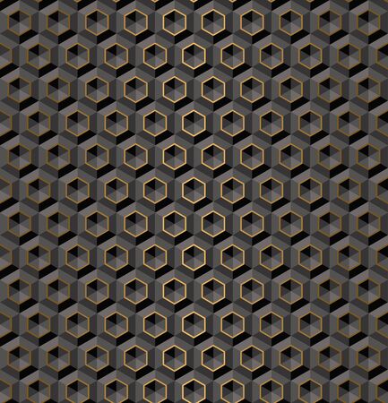 Seamless Black volume 3D background of geometric shapes with gold accents. Templates for wallpaper, printing products, interiors, web design, packaging. Vector.のイラスト素材