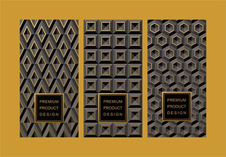 Vector set of Black volume 3D backgrounds of geometric shapes with gold accents for packaging, design of luxury products. Made with golden foil. For perfume, lotion, wine, tea, coffee, chocolate.のイラスト素材