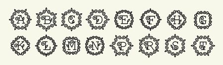 Big Set of modern monograms with floral ornament style linear with filigree lettersのイラスト素材