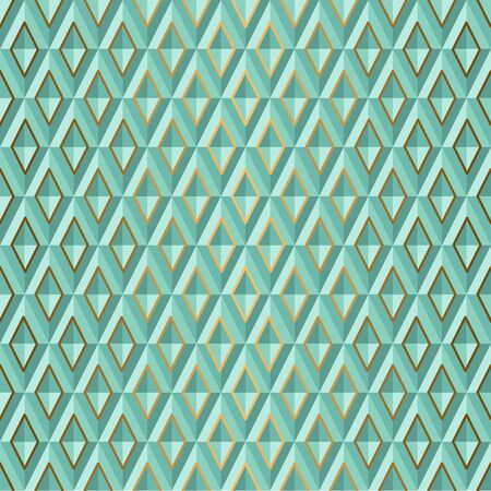 Seamless Green volume 3D background of geometric shapes, rhombus with gold accents. Templates for wallpaper, printing products, interiors, web design, packaging. Vectorのイラスト素材
