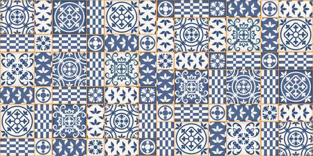 Mediterranean seamless patchwork pattern from dark blue and white Moroccan tiles, Azulejos ornaments. Can be used for wallpaper, pattern fills, web page background,surface textures. Vectorのイラスト素材