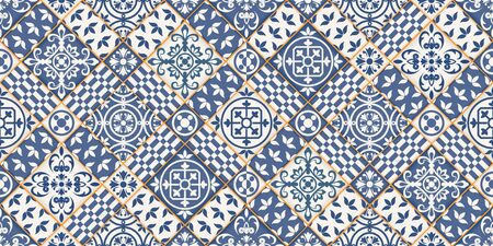 Mediterranean seamless patchwork pattern from dark blue and white Moroccan tiles, Azulejos ornaments. Can be used for wallpaper, pattern fills, web page background,surface textures. Vectorのイラスト素材
