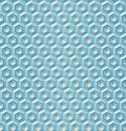 Seamless Blue volume 3D background of geometric shapes with gold accents. Templates for wallpaper, printing products, interiors, web design, packaging. Vectorのイラスト素材