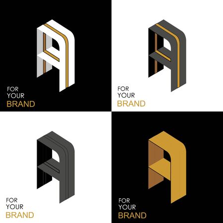 Isometric set letter A. Black, white, gold palette. From stripes, lines. Template for creating logos, emblems, monograms. Black and white options. 3D art symbol. Vectorのイラスト素材