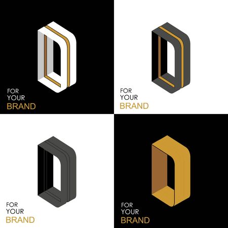 Isometric set letter D. Black, white, gold palette. From stripes, lines. Template for creating logos, emblems, monograms. Black and white options. 3D art symbol. Vectorのイラスト素材