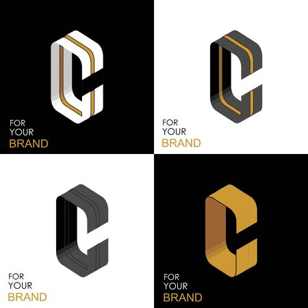 Isometric set letter C. Black, white, gold palette. From stripes, lines. Template for creating logos, emblems, monograms. Black and white options. 3D art symbol. Vectorのイラスト素材