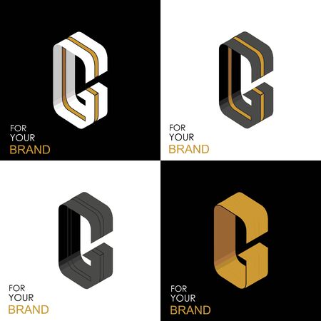 Isometric set letter G. Black, white, gold palette. From stripes, lines. Template for creating logos, emblems, monograms. Black and white options. 3D art symbol. Vectorのイラスト素材