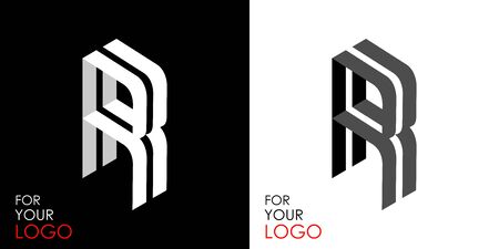 Isometric letter R. From stripes, lines. Template for creating logos, emblems, monograms. Black and white options. 3D art symbol. Vectorのイラスト素材