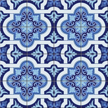 Gorgeous seamless pattern white blue colors Moroccan, Portuguese tiles, Azulejo, ornaments. Can be used for wallpaper, pattern fills, web page background, surface textures. Vectorのイラスト素材