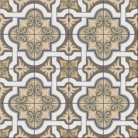 Gorgeous seamless pattern white shades of brown, sepia Moroccan, Portuguese tiles, Azulejo, ornaments. Can be used for wallpaper, pattern fills, web page background, surface textures. Vectorのイラスト素材