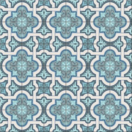 Gorgeous seamless pattern white trendy shades of green and blue Moroccan, Portuguese tiles, Azulejo, ornaments. Can be used for wallpaper, pattern fills, web page background, surface textures. Vectorのイラスト素材