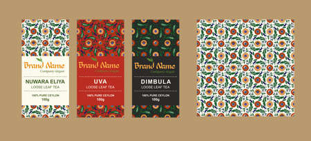 Template for creating packaging design for elite Ceylon, Indian tea in national style. Bonus - ethnic seamless pattern.の写真素材