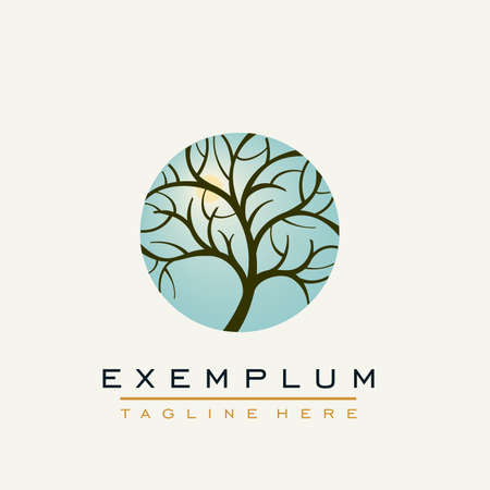 Tree against the background of the sky and the sun. Vector icon. Nature trees vector illustration logo design. Ornamental round monogram, template for creating logos, labels.のイラスト素材