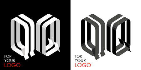 Isometric letter Q in two perspectives. From stripes, lines. Template for creating logos, emblems, monograms. Black and white options. 3D art symbol. Vector illustration. Other letters in my portfolioのイラスト素材