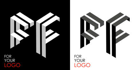 Isometric letter F in two perspectives. From stripes, lines. Template for creating logos, emblems, monograms. Black and white options. 3D art symbol. Vector illustration. Other letters in my portfolioのイラスト素材