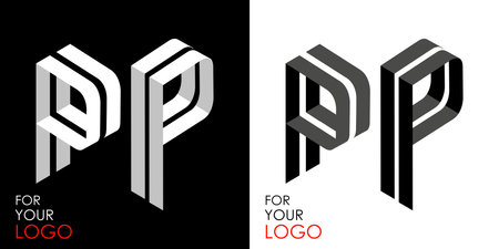 Isometric letter P in two perspectives. From stripes, lines. Template for creating logos, emblems, monograms. Black and white options. 3D art symbol. Vector illustration. Other letters in my portfolioのイラスト素材
