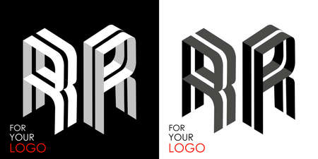 Isometric letter R in two perspectives. From stripes, lines. Template for creating logos, emblems, monograms. Black and white options. 3D art symbol. Vector illustration. Other letters in my portfolioのイラスト素材