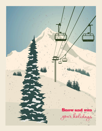 Winter landscape with ropeway station and ski cable cars. Snowy country scene vector illustration. Ski resort concept. For websites, wallpapers, posters or bannersのイラスト素材
