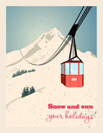 Winter landscape with ropeway station and ski cable cars. Snowy country scene vector illustration. Ski resort concept. For websites, wallpapers, posters or bannersのイラスト素材
