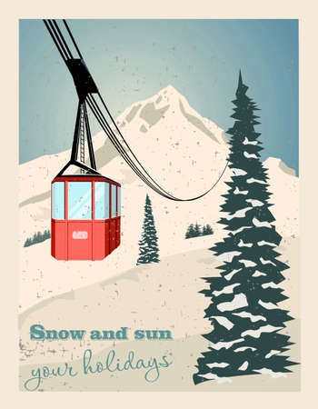 Winter landscape with ropeway station and ski cable cars. Snowy country scene vector illustration. Ski resort concept. For websites, wallpapers, posters or bannersのイラスト素材