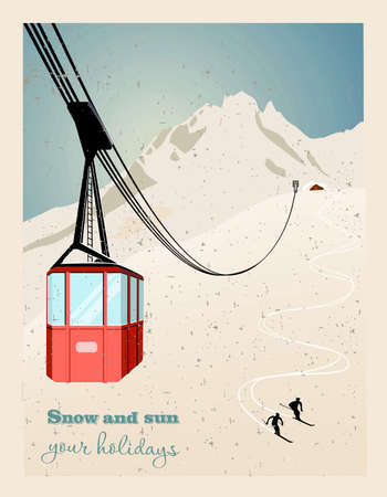 Winter landscape with ropeway station and ski cable cars. Snowy country scene vector illustration. Ski resort concept. For websites, wallpapers, posters or bannersのイラスト素材