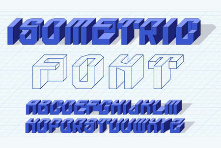 Minimalist Font. Isometric 3D font, three-dimensional letters of the alphabet on graph paper. Vector illustrationのイラスト素材
