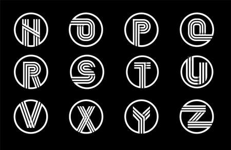 Decorative alphabet, font with capital letters. Modern set for monograms, logos, emblems, initials. Made of white stripes Overlapping with shadows inscribed in a circleのイラスト素材