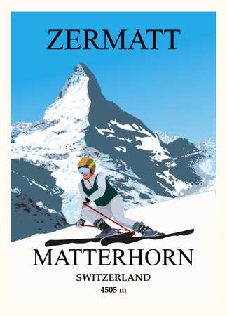 Experienced female skier glides on skis against the backdrop of the Matterhorn mountain. Zermatt ski resort vintage poster travel illustration design, swiss alps poster designのイラスト素材