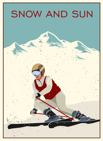 Poster. Advanced woman skiers slides near the mountain downhill. Cross-country skiers. Sports descent on skis from the mountain. Vector illustration.のイラスト素材