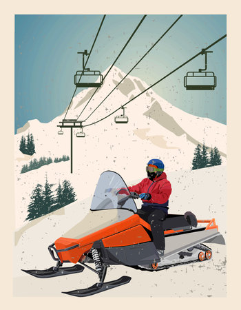 Skier rides a powerful snowmobile against the background of snow-capped mountains. Vector poster.のイラスト素材