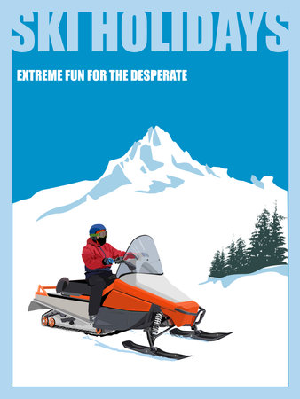 Skier rides a powerful snowmobile against the background of snow-capped mountains. Vector poster.のイラスト素材
