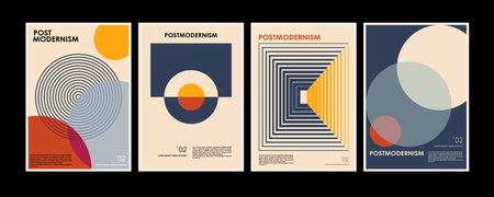 Artworks, posters inspired postmodern of vector abstract dynamic symbols with bold geometric shapes, useful for web background, poster art design, magazine front page, hi-tech print, cover artwork.のイラスト素材