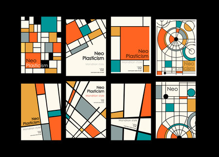 Artworks, posters inspired postmodern of vector abstract dynamic symbols with bold geometric shapes, useful for web background, poster art design, magazine front page, hi-tech print, cover artwork.のイラスト素材