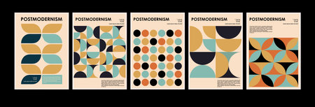 Artworks, posters inspired postmodern of vector abstract dynamic symbols with bold geometric shapes, useful for web background, poster art design, magazine front page, hi-tech print, cover artwork.のイラスト素材