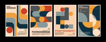 Artworks, posters inspired postmodern of vector abstract dynamic symbols with bold geometric shapes, useful for web background, poster art design, magazine front page, hi-tech print, cover artwork.のイラスト素材