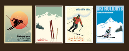 Four decorative posters in different styles about skiing vacations, sports.のイラスト素材
