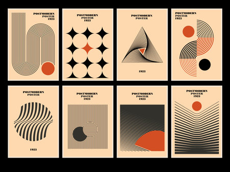 Set of 20s minimalistic geometric posters inspired postmodern of vector abstract dynamic symbols with bold geometric shapes, useful for web background, poster art design, hi-tech print, cover artworkのイラスト素材